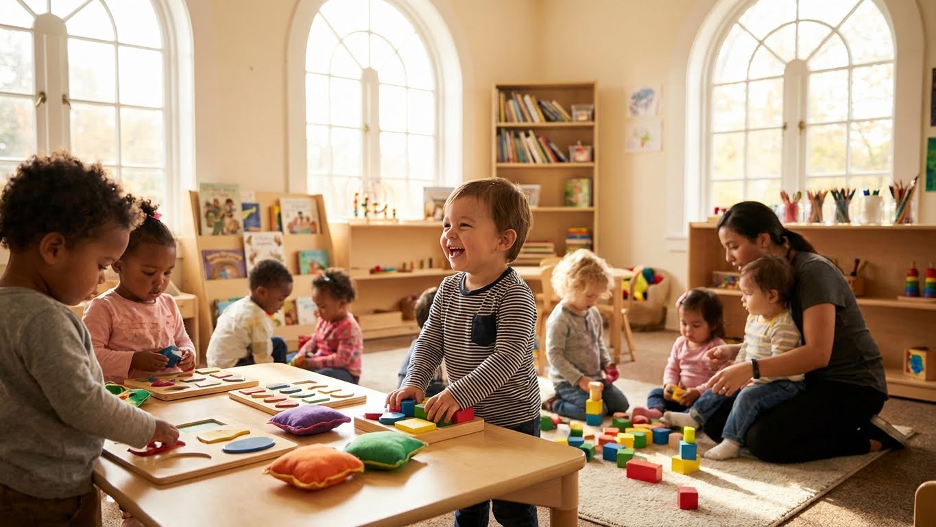 Children learning and playing together in our bright, modern classroom